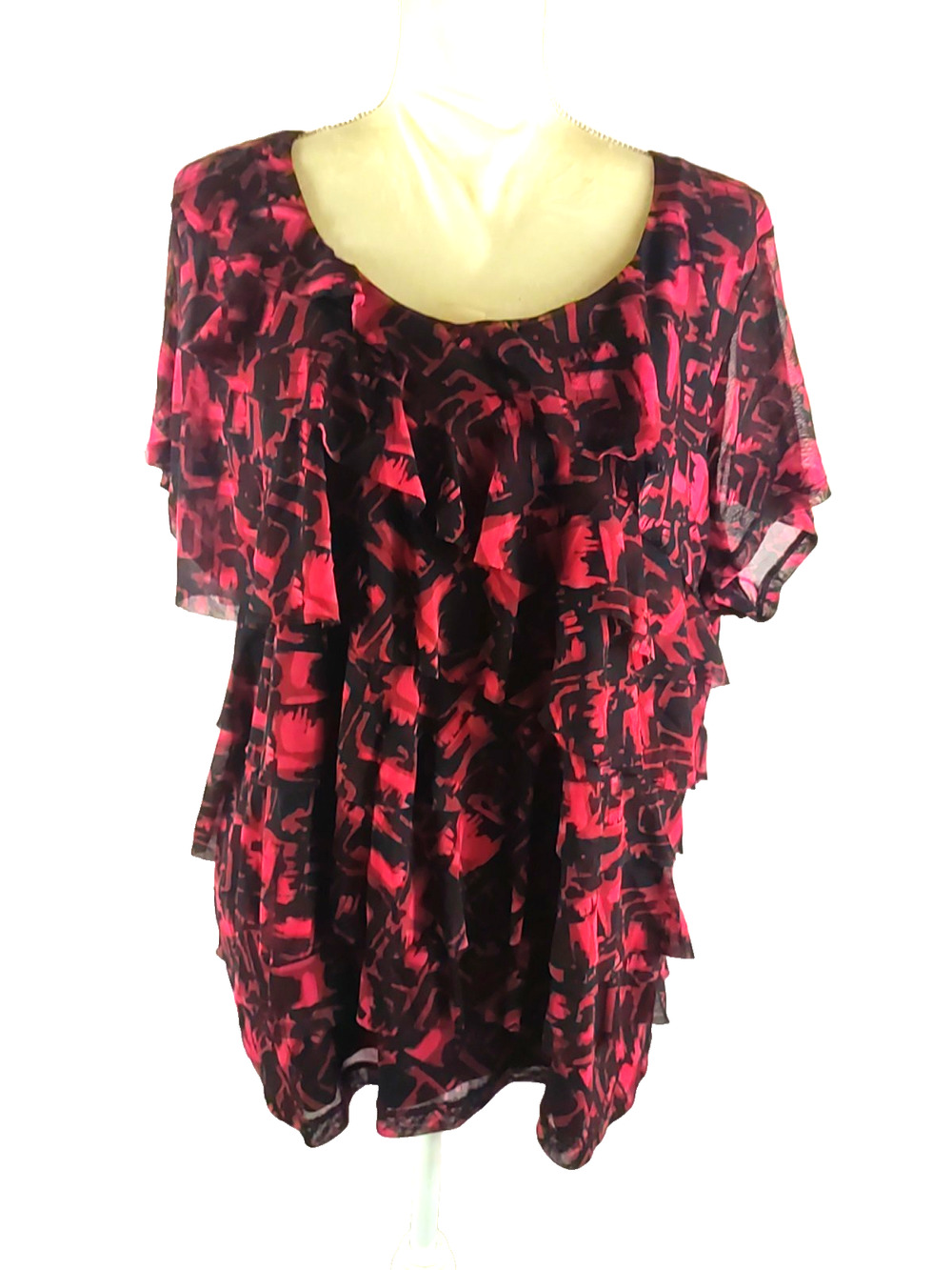 212 Collection Women Shirt Size 3 X Red Black Short Sleeve Ruffles Lined Flowy